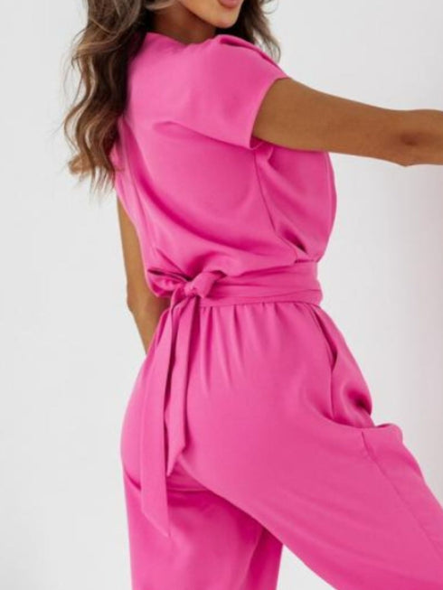 Surplice Cap Sleeve Tie Waist Jumpsuit - Odaingerous